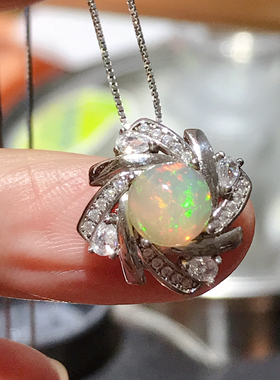 清仓925银镀白金天然炫彩欧泊吊坠女小众设计感高级轻奢精致闺蜜