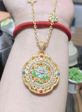 925银镀黄金珐琅彩花丝牡丹花吊坠女小众设计感高级轻奢精致闺蜜