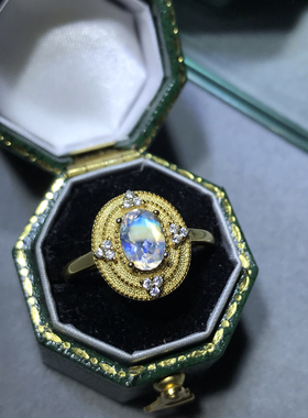 天然彩虹蓝月光戒指女925银镀黄金色镶嵌轻奢日韩时尚活口可调节