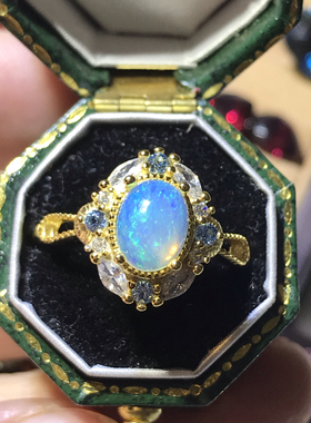 天然欧泊戒指欧泊风尚水晶彩色宝石天然裸石925银镀18K黄金