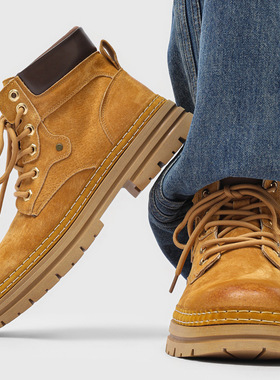 马丁靴英伦风冬季厚底系带增高工装大黄学休闲男靴66604黄色-H