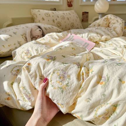 A类双层纱床上四件套纯棉全棉新款田园床单件被套被罩宿舍三件套4