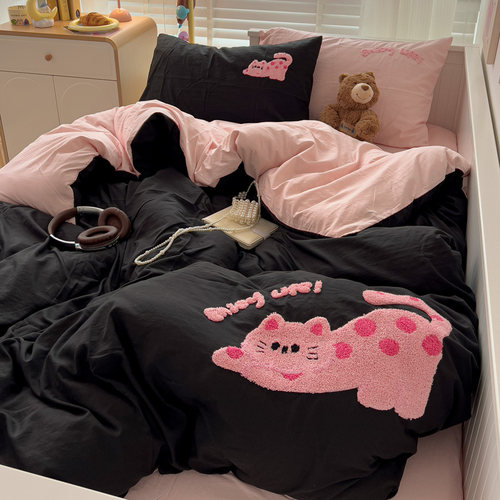 卡通波点猫毛巾绣四件套纯棉全棉2025新款被套床单学生宿舍三件套