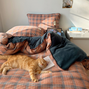 复古美拉德格子加厚牛奶绒保暖四件套双面珊瑚绒被套床单三件套冬