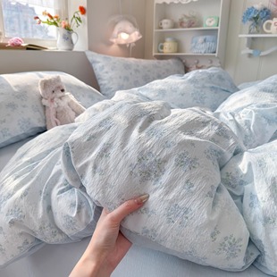 A类小清新双层纱床上四件套纯棉全棉床单被套床笠学生宿舍三件套4