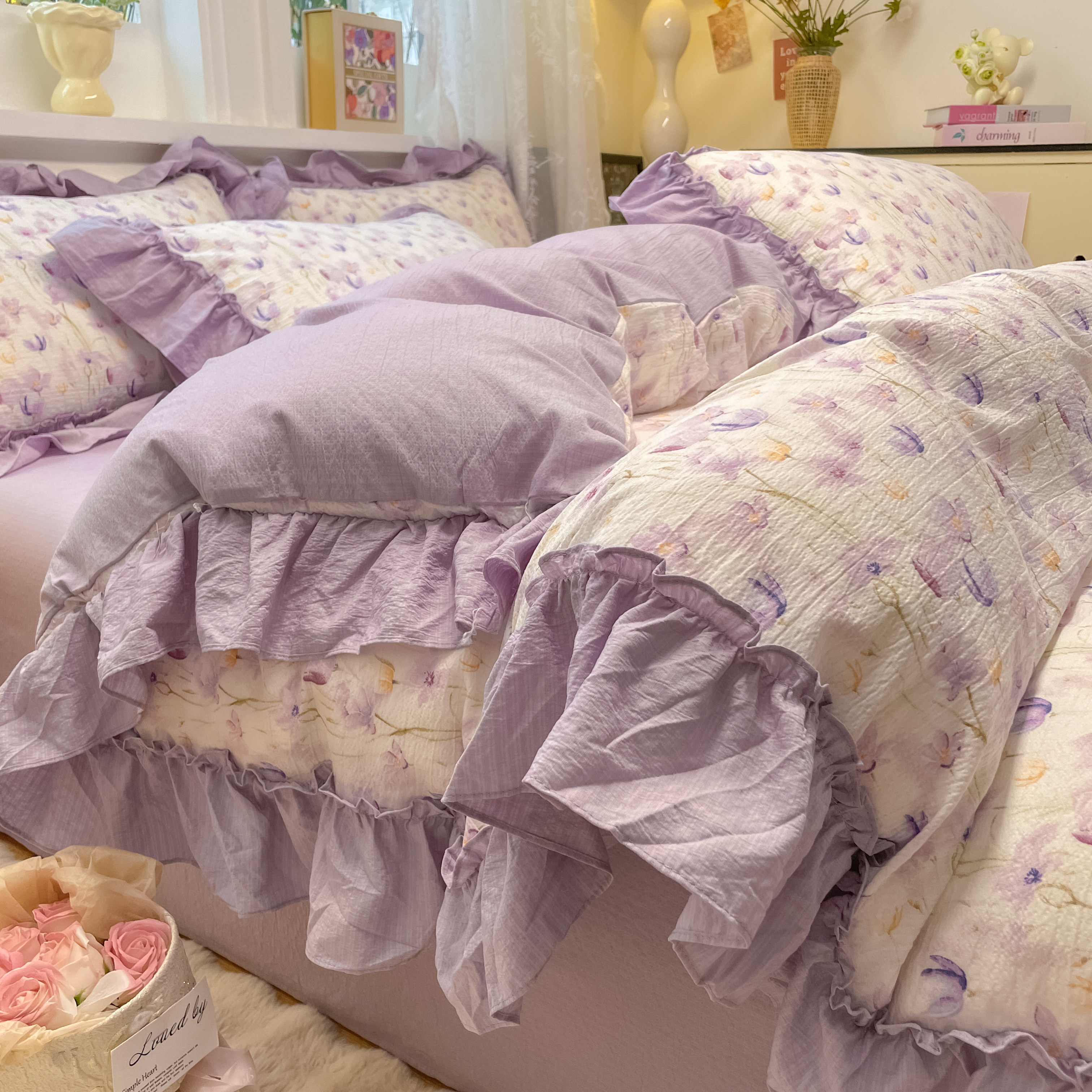 ins花边四件套纯棉全棉床上用品被套床单床笠加厚学生宿舍三件套4