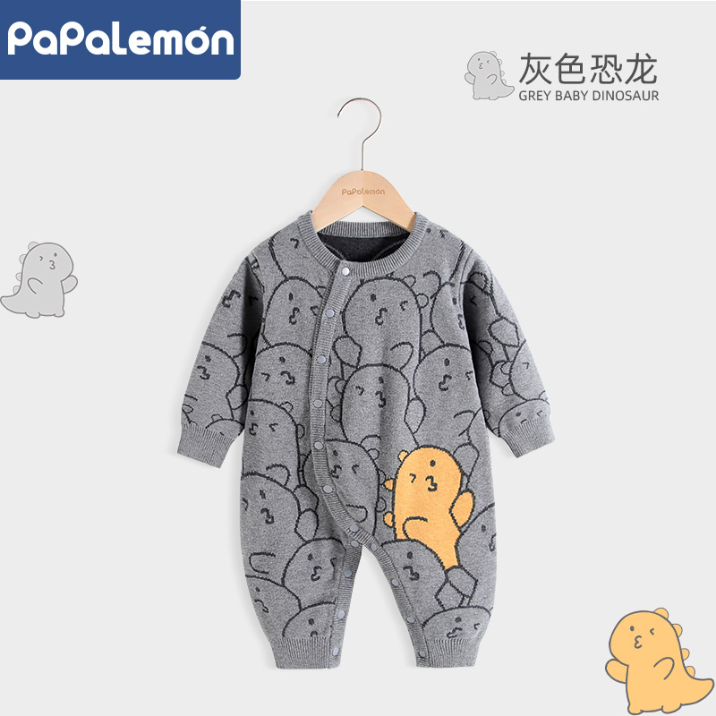 柠檬爬爬婴儿针织保暖偏开哈衣