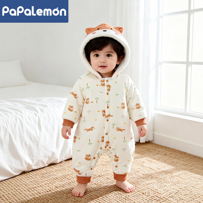 柠檬爬爬婴儿连体衣冬季夹棉服保暖哈衣宝宝加厚连帽外出防风冬装