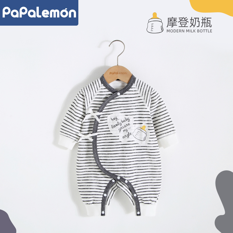 柠檬爬爬新生儿春秋纯棉绑带哈衣