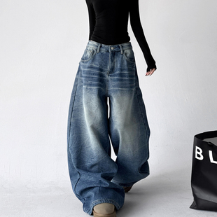 直筒高腰显瘦拖地裤 加绒宽松休闲长裤 潮 女2025冬季 阔腿牛仔裤