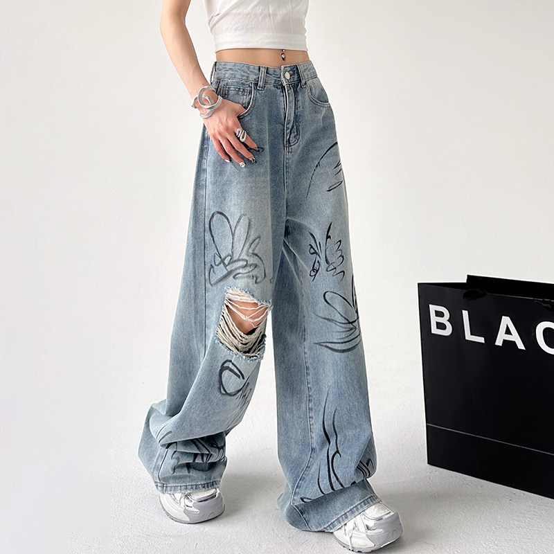 水洗蓝色涂鸦阔腿牛仔裤女2025夏季复古高腰显瘦直筒裤子休闲裤子,女装/女士精品,牛仔裤,淘宝优惠券,粉丝福利购,淘宝优惠卷