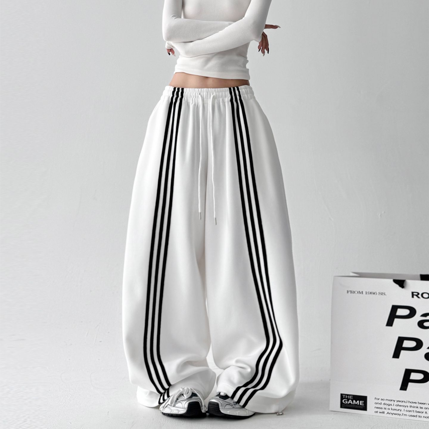 美式复古三条杠运动裤女