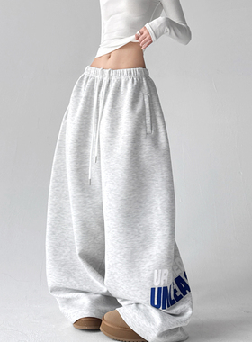 2025冬季新款运动风松紧腰抽绳卫裤女宽松阔腿休闲裤印花长裤