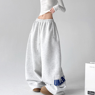 印花长裤 2025冬季 女宽松阔腿休闲裤 运动风松紧腰抽绳卫裤 新款