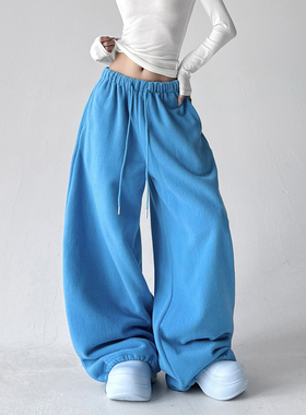 2025年冬季新款慵懒风蓝色阔腿裤女宽松松紧腰抽绳独特休闲裤显瘦