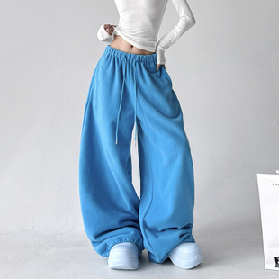 女宽松松紧腰抽绳独特休闲裤 慵懒风蓝色阔腿裤 显瘦 新款 2025年冬季