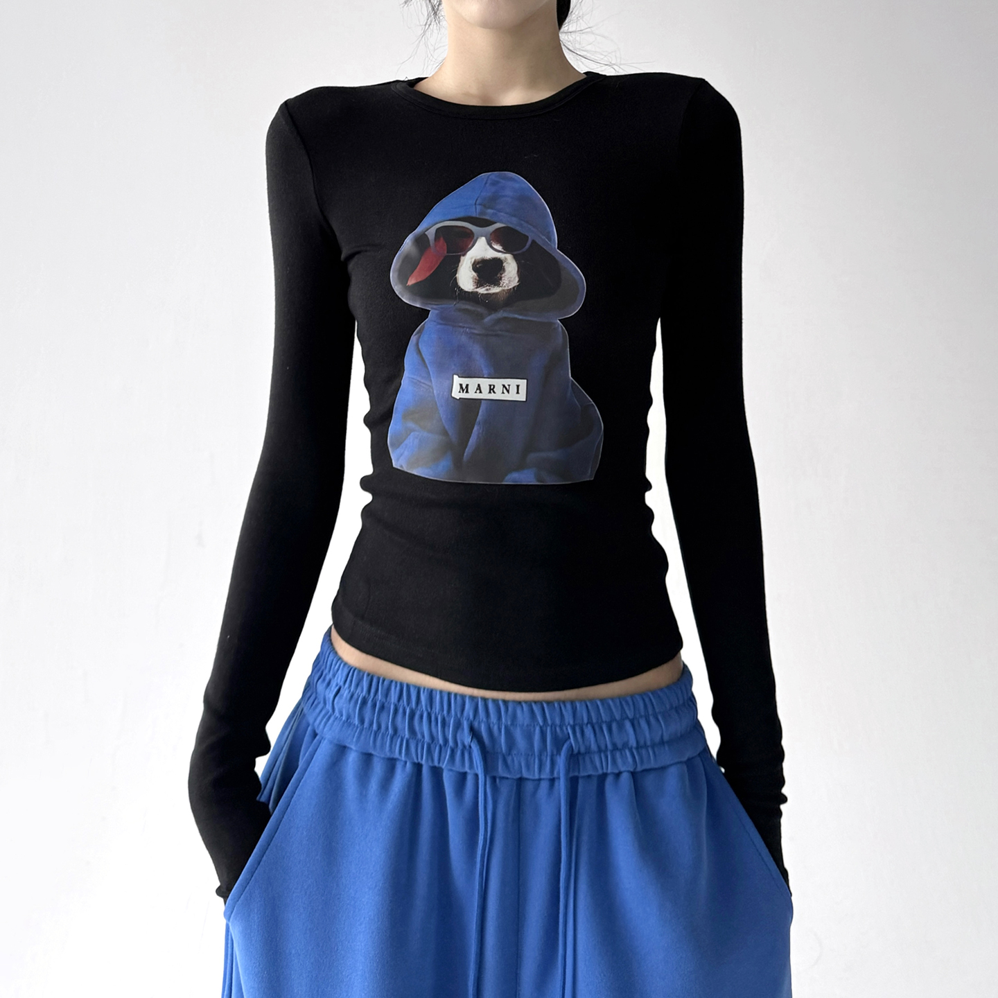 复古小狗印花长袖T恤女2025秋装新款辣妹时髦打底衫修身显瘦上衣