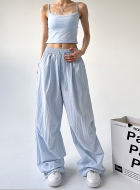 浅蓝色多巴胺裤子女2025夏季新款薄款运动宽松直筒阔腿速干工装裤