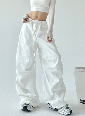 白色伞兵工装裤女2025秋冬季宽松显瘦美式复古运动拖地直筒阔腿裤