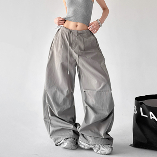 美式工装风降落伞裤女宽松阔腿裤抽绳束腰伞兵裤灰色休闲裤