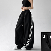 女宽松显瘦高腰运动阔腿裤 秋季 复古三条杠弯刀休闲卫裤 美式 子 新款