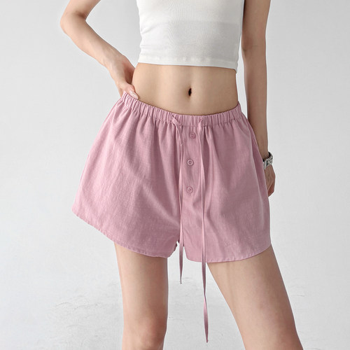 多巴胺风粉色宽松短裤女2026夏装新款百搭休闲运动裤松紧腰抽绳裤