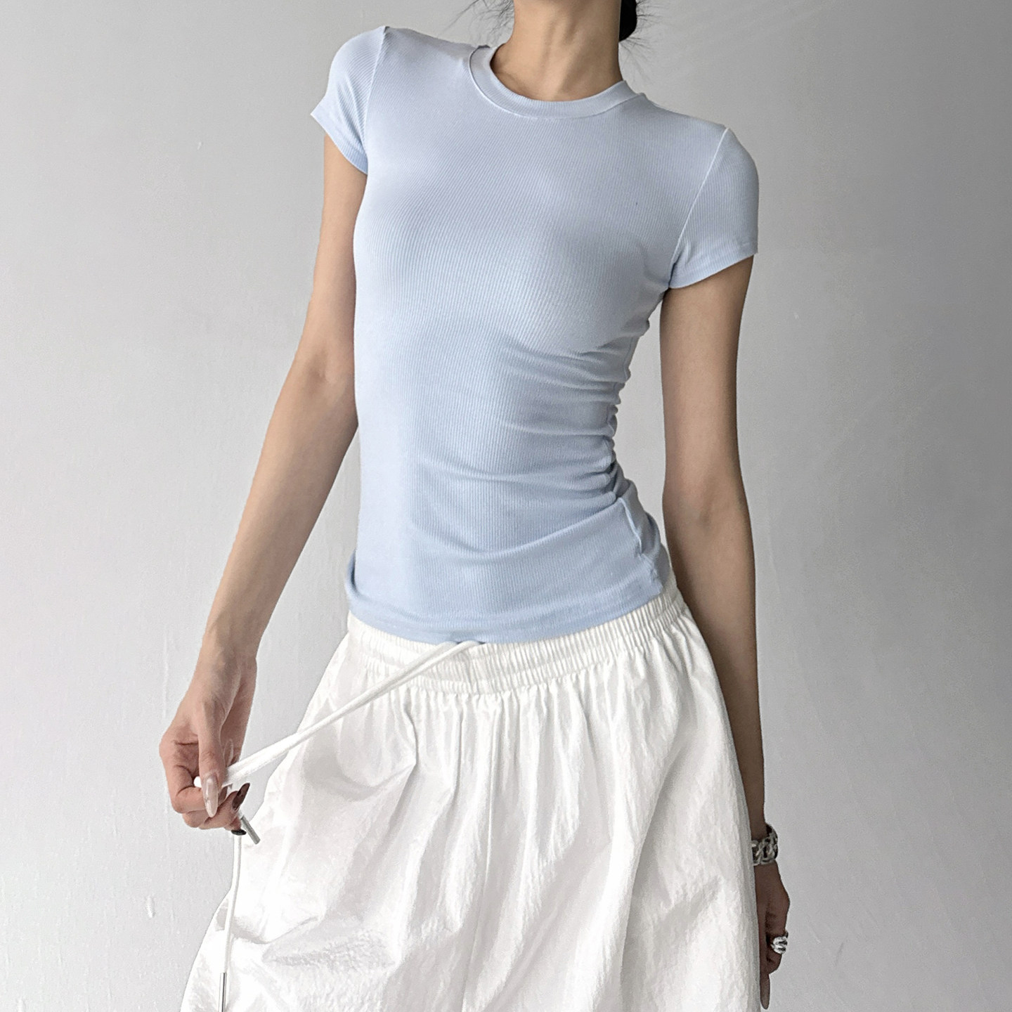 蓝色短袖2026超火夏装新款显瘦漏腰小圆领弹力T恤夏百搭紧身上衣,女装/女士精品,T恤,淘宝优惠券,粉丝福利购,淘宝优惠卷