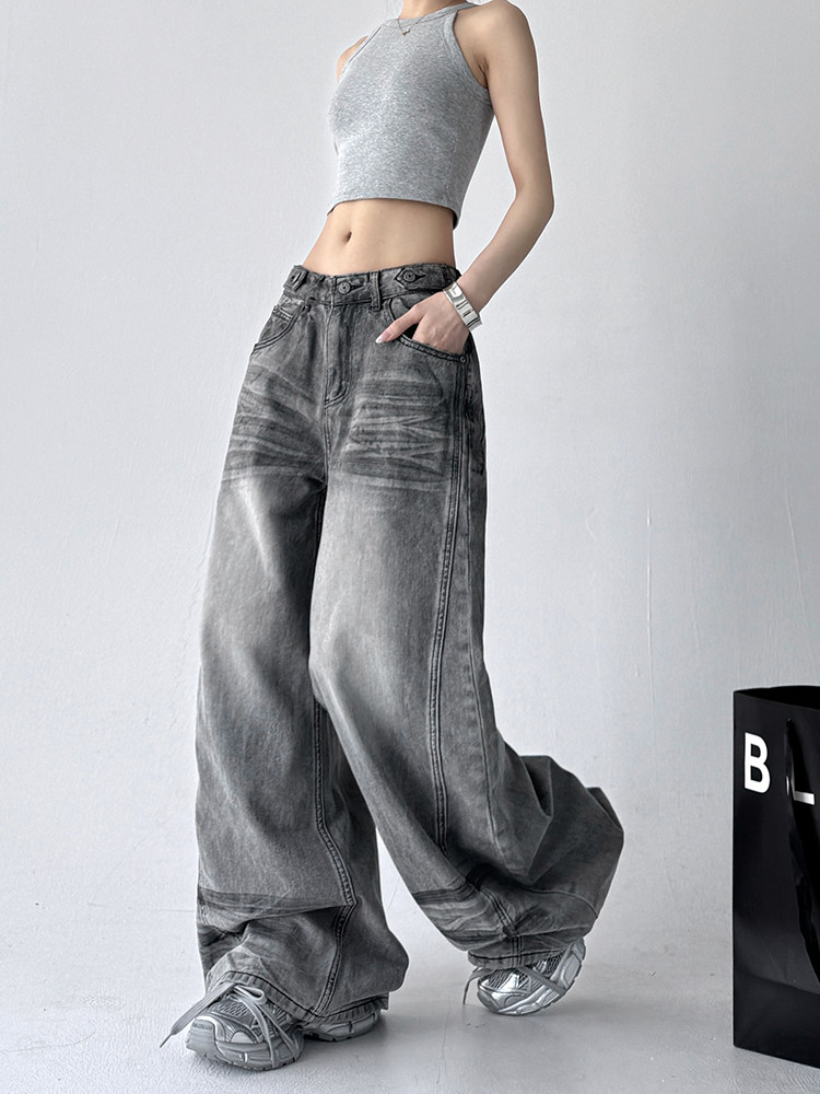 2025 Women's Retro Gray Floor-Length Straight Jeans - Product image 4