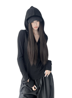 韩系黑色修身辣妹半开领连帽长袖t恤女2025秋冬修身收腰打底上衣