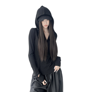 收腰打底上衣 t恤女2025秋冬修身 韩系黑色修身 辣妹半开领连帽长袖