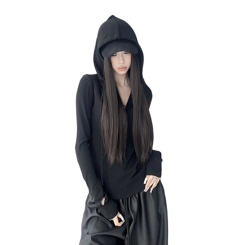 韩系黑色修身辣妹半开领连帽长袖t恤女2026秋冬修身收腰打底上衣
