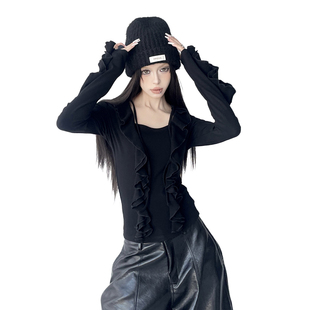 潮 显瘦小衫 韩系chic别致不规则荷叶边飘带长袖 上衣女秋冬灰色修身