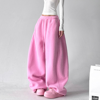韩系穿搭休闲裤女2025冬装新款宽松摇粒绒加厚阔腿慵懒风弯刀裤子