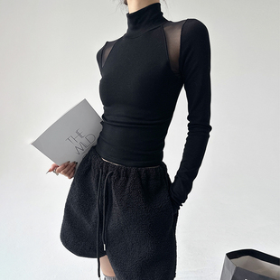 网辣妹短款 黑色正肩T恤女2025冬季 打底衫 内搭半高领长袖 上衣 新款