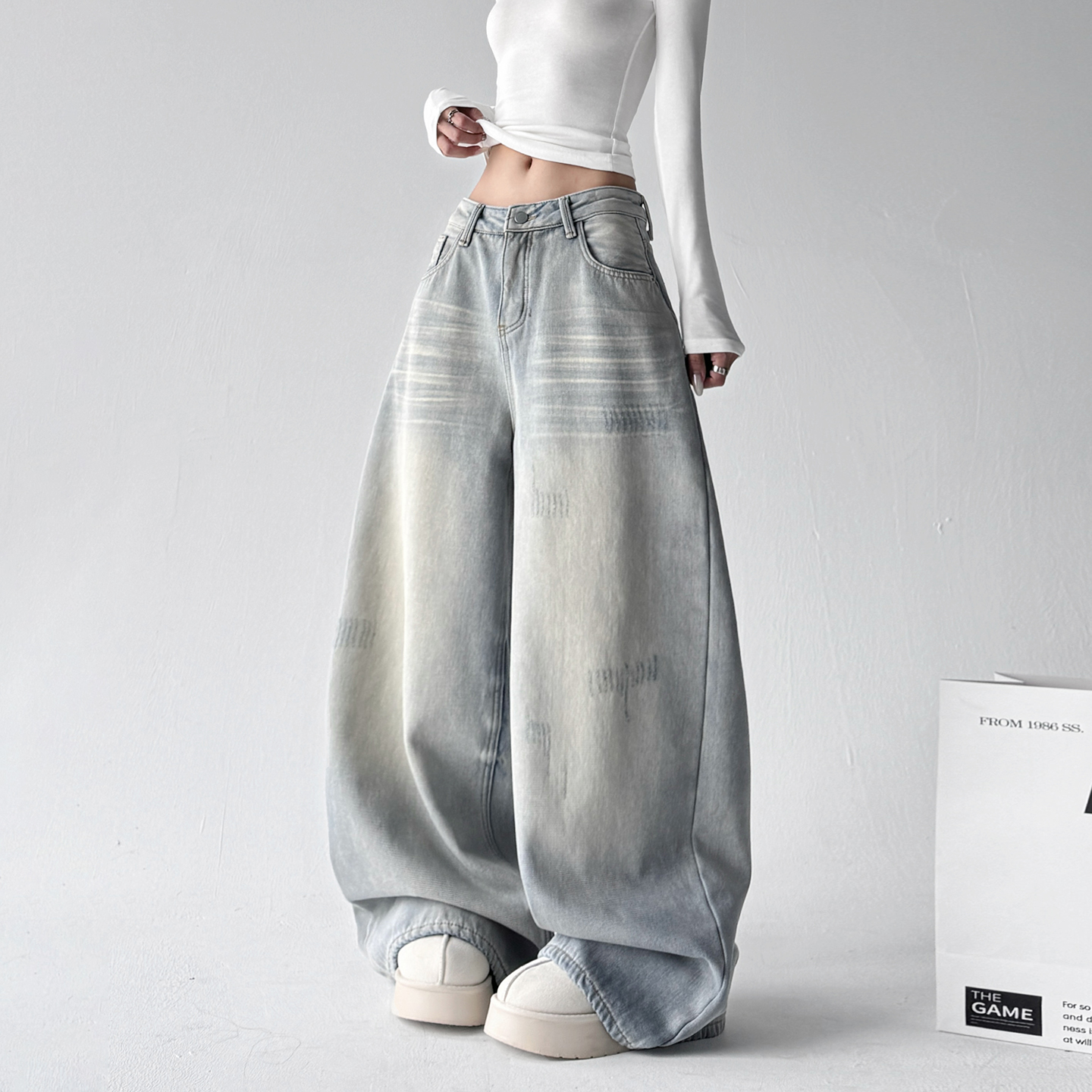 美式阔腿牛仔裤女2025冬季新款加绒宽松显瘦百搭潮牌垂感直筒裤子