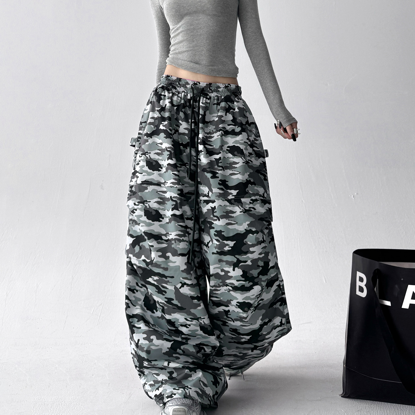 美式复古hiphop休闲迷彩裤子女bf慵懒风秋季亚比化朋克阔腿长裤
