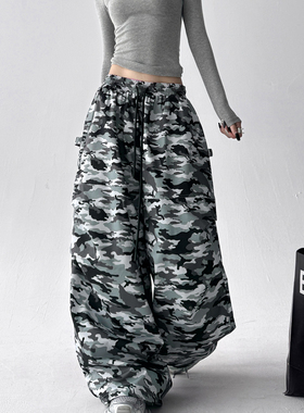 美式复古hiphop休闲迷彩裤子女bf慵懒风秋季亚比化朋克阔腿长裤