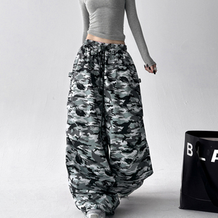 美式复古hiphop休闲迷彩裤子女bf慵懒风秋季亚比化朋克阔腿长裤