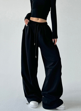 黑色卫裤女2025秋冬束脚hiphop工装阔腿休闲裤直筒宽松美式运动裤