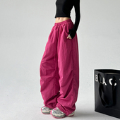 裤 工装 女2026春秋款 伞兵宽松复古休闲裤 西瓜红冬季 直筒阔腿裤 美式