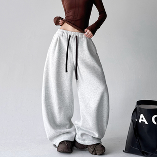 灰白色加绒加厚运动裤女冬季2025新款高腰宽松休闲卫裤子
