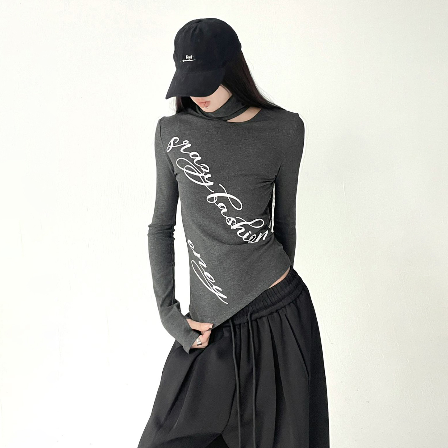 美式灰色镂空长袖t恤女2025秋冬新款辣妹上衣打底衫内搭高级感