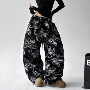 2025冬季新款羊羔绒卫裤女慵懒松弛感腰果花高个子直筒阔腿弯刀裤