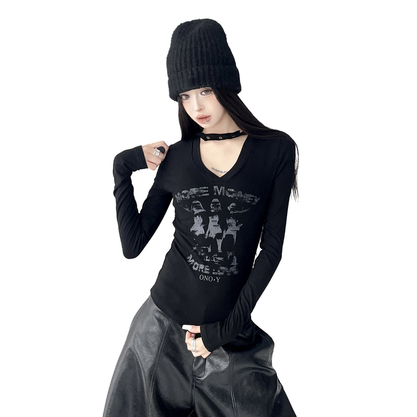 美式复古长袖T恤女冬季穿搭印花v领打底内搭纯欲辣妹显瘦上衣