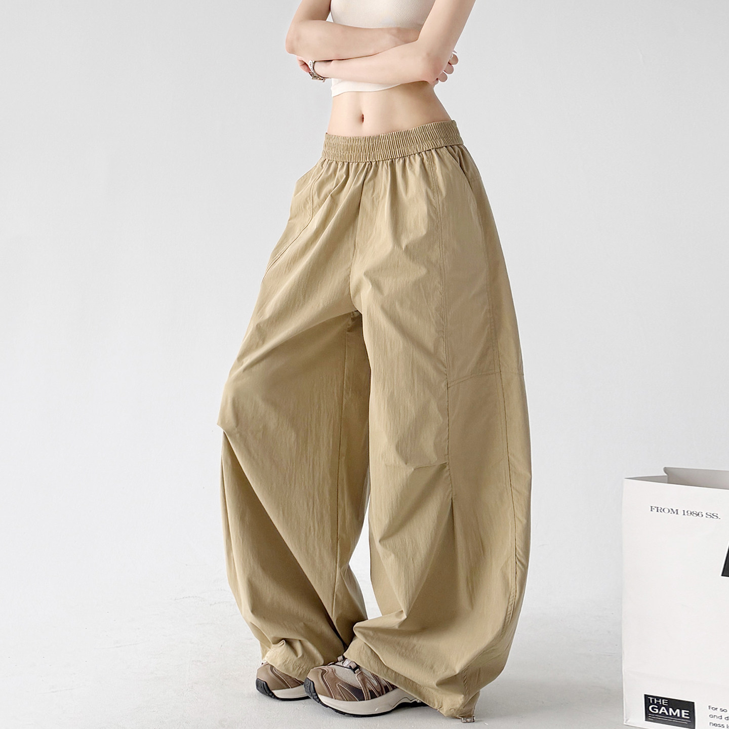 超火夏天高腰阔腿裤女2026夏装新款宽松垂坠感休闲裤卡其运动裤子