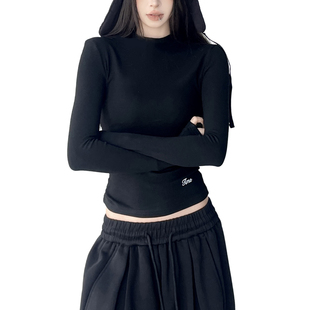 女2025冬季 t恤百搭短款 新款 内搭长袖 上衣 洋气修身 黑色加绒打底衫