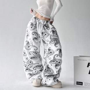 高街高级感加绒加厚腰果花裤 刺绣羊羔绒阔腿裤 美式 新款 女2025冬季