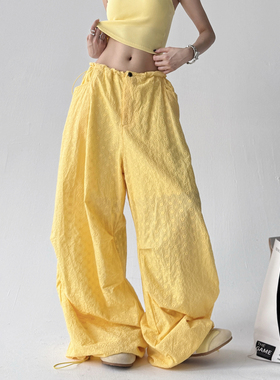 黄色设计感阔腿裤女2025新款夏季薄款冰丝休闲运动裤美式工装裤