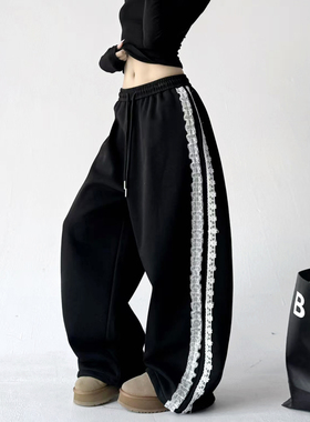 黑色侧边蕾丝束脚卫裤女2025街舞宽松抽绳松紧腰百搭阔腿休闲裤子