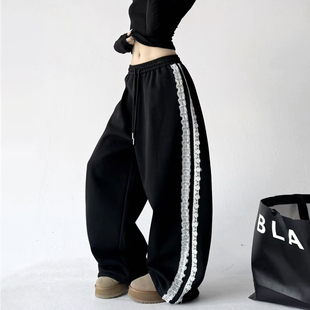 黑色侧边蕾丝束脚卫裤 子 女2025街舞宽松抽绳松紧腰百搭阔腿休闲裤